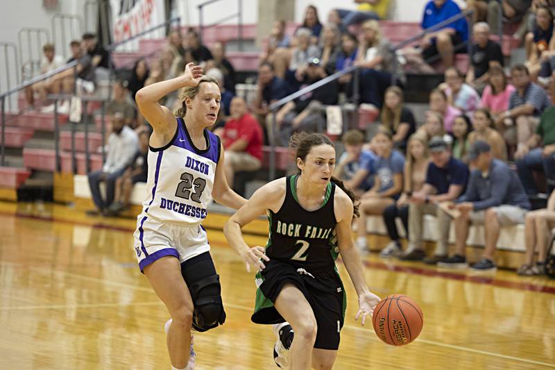Dixon’s Hannah Steinmeyer chases after Rock Falls’ Brooke Howard Thursday, June 15, 2023 during the Sauk Valley Media All-Star Basketball Classic at Sauk Valley College.