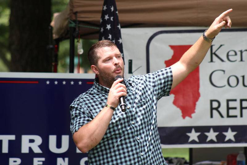 Republican candidate for state senate in the 49th district Tom McCullagh was one of several candidates who espoused support for the law enforcement community while speaking to a group of Republican voters at a rally in Yorkville's Town Square Park Saturday.