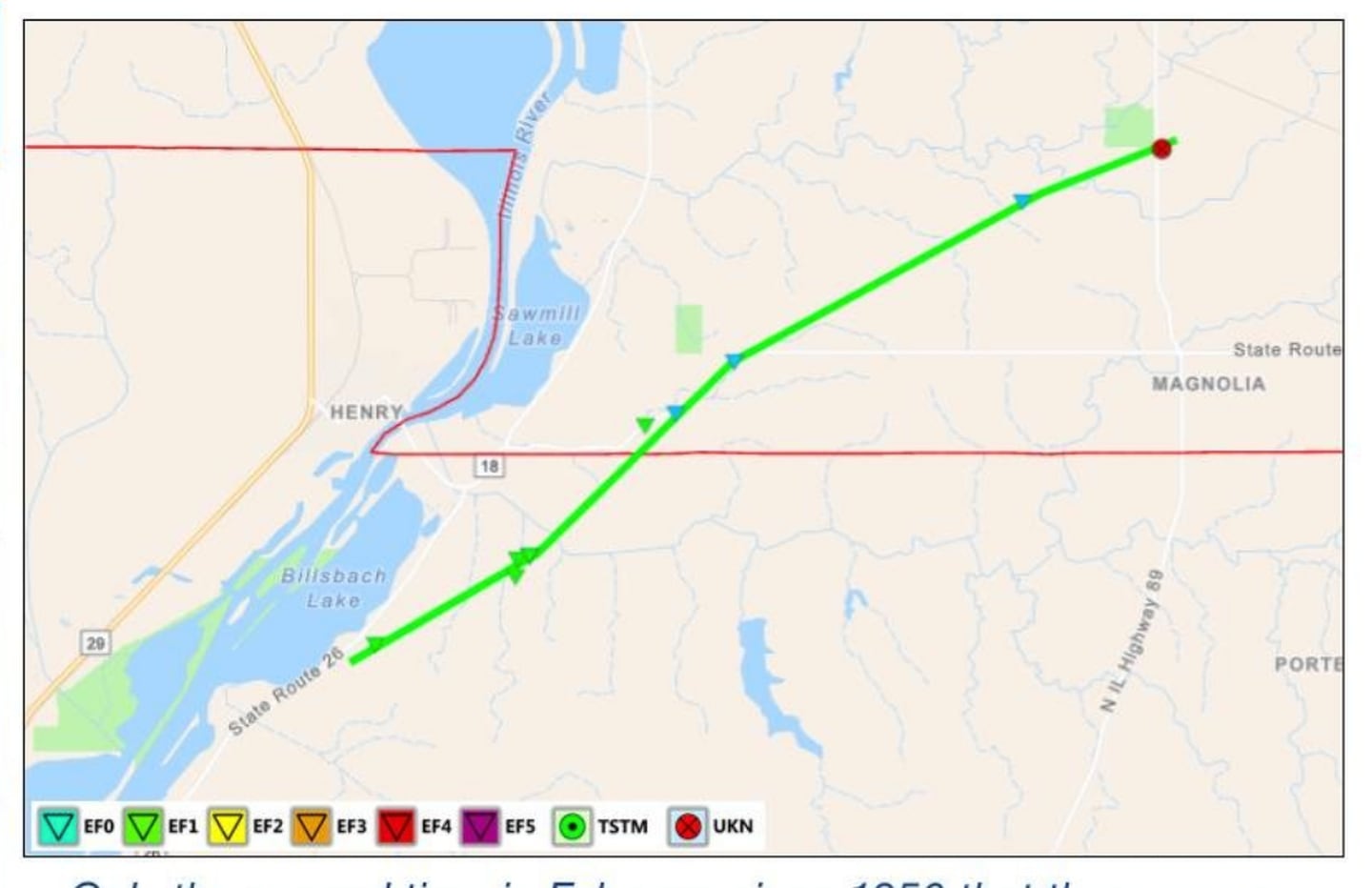 An EF-1 tornado with estimated winds of 110 mph was verified in Marshall and Putnam counties, according to the National Weather Service in the Quad Cities.