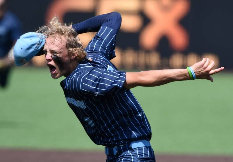 Joe Lewnard/jlewnard@dailyherald.com
Nazareth pitcher Cooper Malamazian celebrates after the Roadrunners defeated Grayslake Central 7-2 in the Class 3A  state championship baseball game in Joliet Saturday.