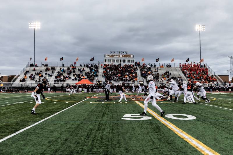 Lincoln-Way West and Kenwood face-off during a 7A varsity football playoff game at Lincoln-Way West on Nov. 8, 2025.