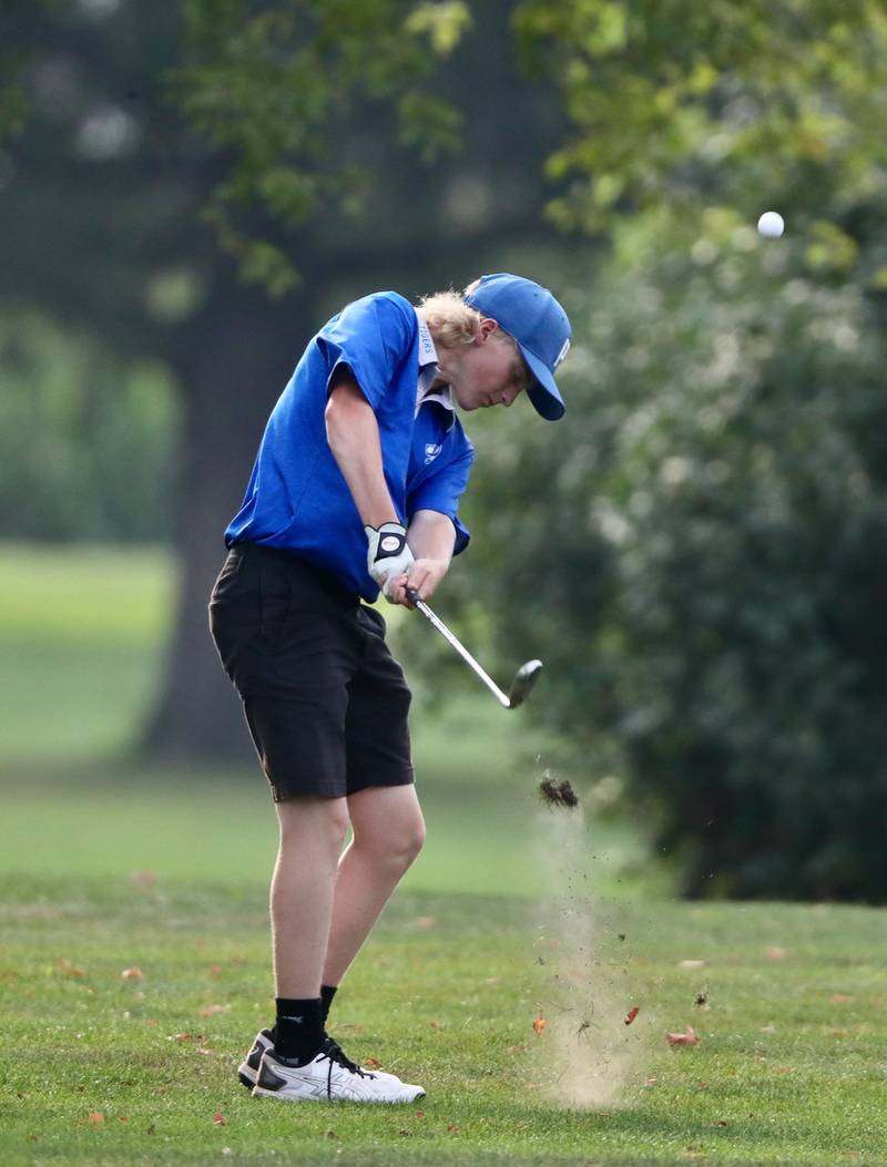 Princeton's Nolan Kloepping swings Monday at Wyaton Hills Golf Course.