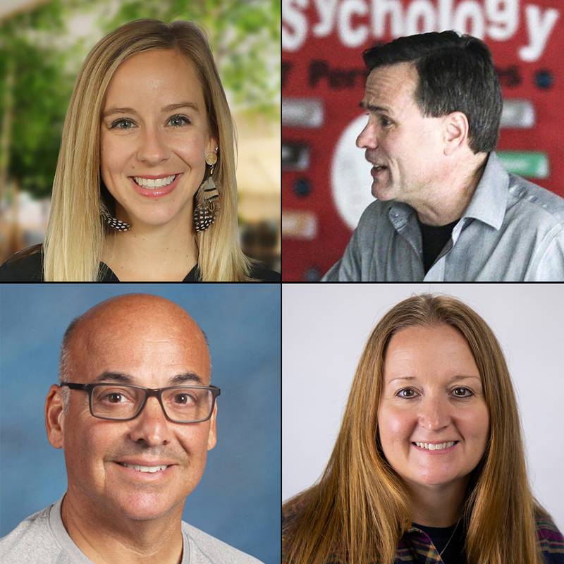 A composite of the four Woodstock 200 School Board candidates. They are incumbents Michelle Bidwell and John Headley on the top row, and incumbent Jerry Miceli and challenger Gina Willard on the bottom row.