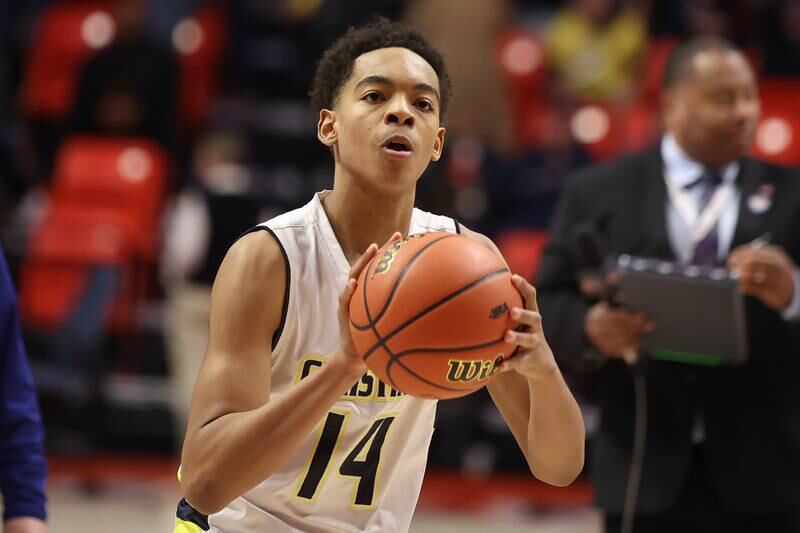 Yorkville Christian’s David Douglas Jr. competes in the 3 point contest at State Farm Center in Champaign. Saturday, Mar. 12, 2022, in Champaign.