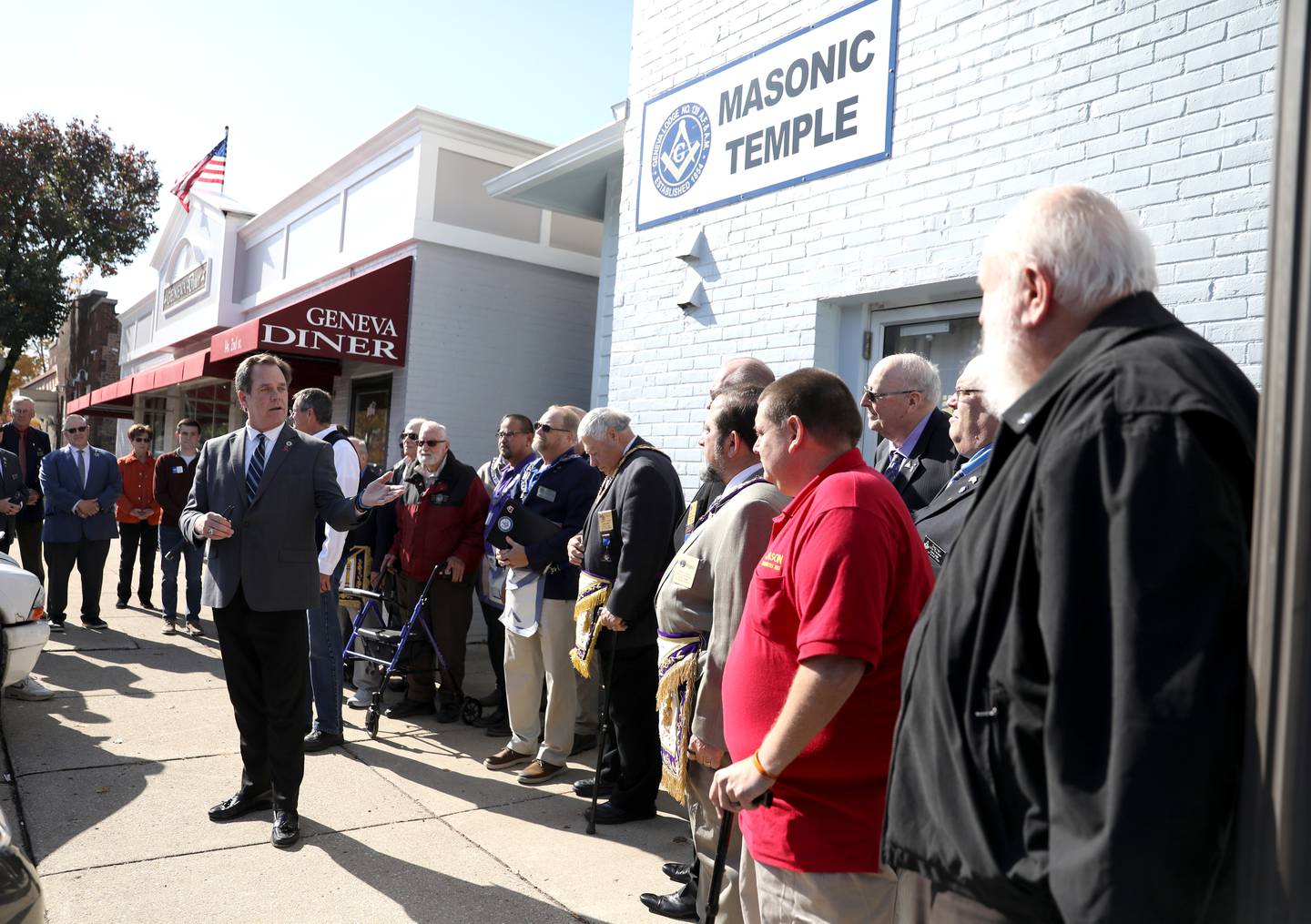 Geneva Mayor Kevin Burns speaks during a ceremony on Friday, Oct. 25, 2024 in honor of the 170th anniversary of the Geneva Masonic Lodge 139.