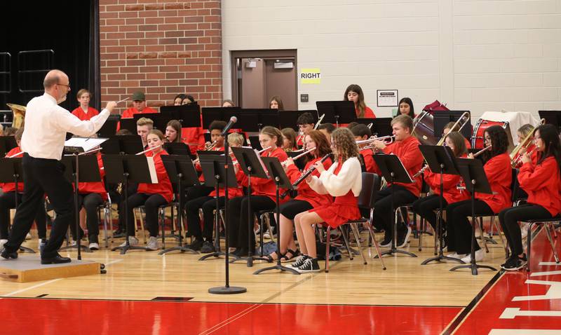 The Parkside concert band performs "Battle Hymn" and "Armed Forces Medley" during the annual Veterans Day Program on Monday, Nov. 11, 2024 at Parkside Middle School in Peru.