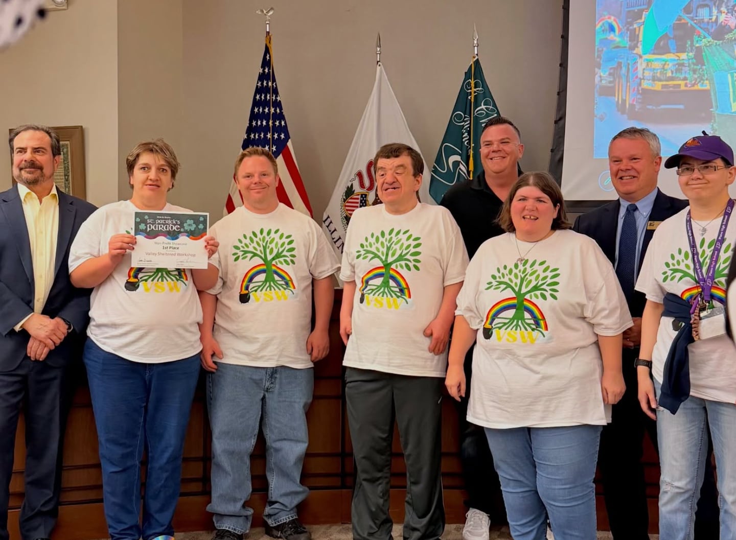 The St. Charles Business Alliance awarded first place in the non-profit category for the 2026 St. Patrick's Parade to Valley Sheltered Workshop during the April 20 City Council meeting.