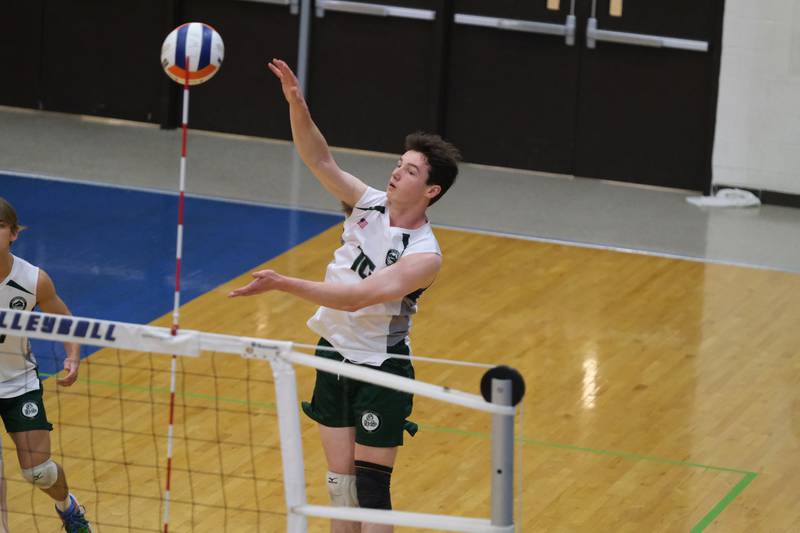 Glenbard West’s Danny Dorsey powers a shot against Roncalli (IN) in the Lincoln-Way East Tournament title match. Saturday, April 30, 2022, in Frankfort.