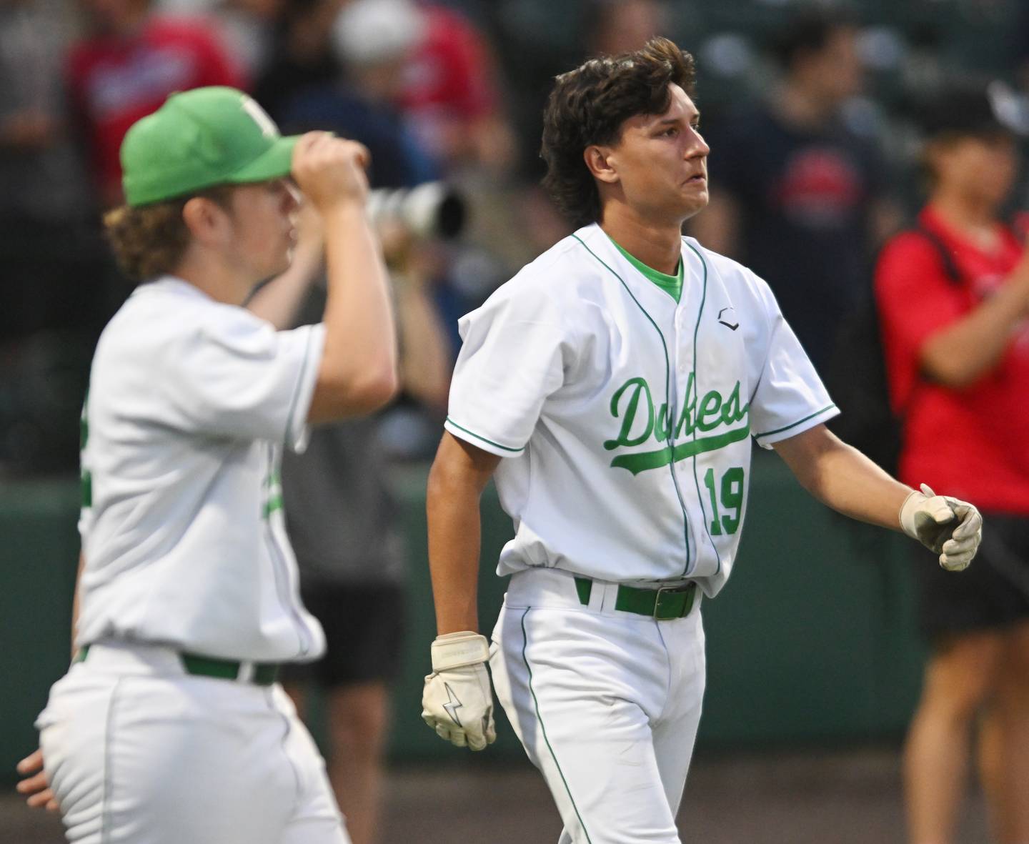York’s Chris Danko and his Dukes teammates react to their 1-0 loss to Conant during the Class 4A state baseball semifinal at Duly Health and Care Field on Friday, June 7, 2024 in Joliet.