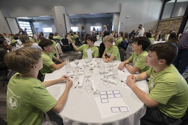 A table of Sterling freshmen discuss an interpretation of a picture Friday, March 15, 2024 during the student leadership summit.
