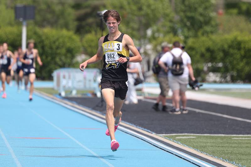 Riverdale’s Tommy Murray crosses the finish line uncontested in the Class 1A 3200 Meter State Finals on Saturday, May 27, 2023 in Charleston.