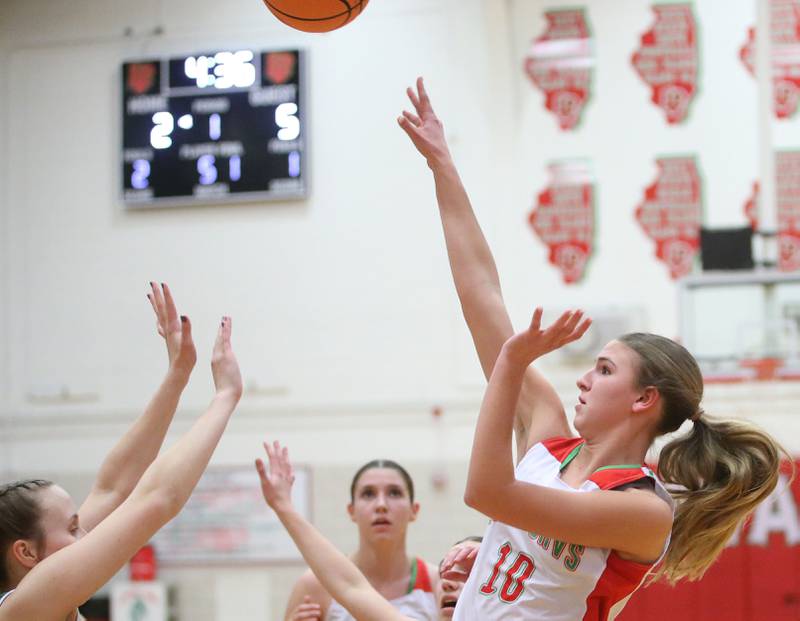 L-P's Kelsey Frederick lets go of a shot against Geneseo on Tuesday, Feb. 4, 2025 in AJ Sellett Gymnasium at L-P High School.
