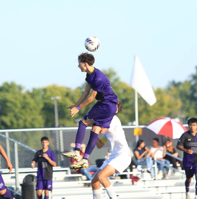 Rochelle's Victor Lombardia heads the ball during a game with Morris on Sept. 17, 2025. Rochelle won the game 2-1.