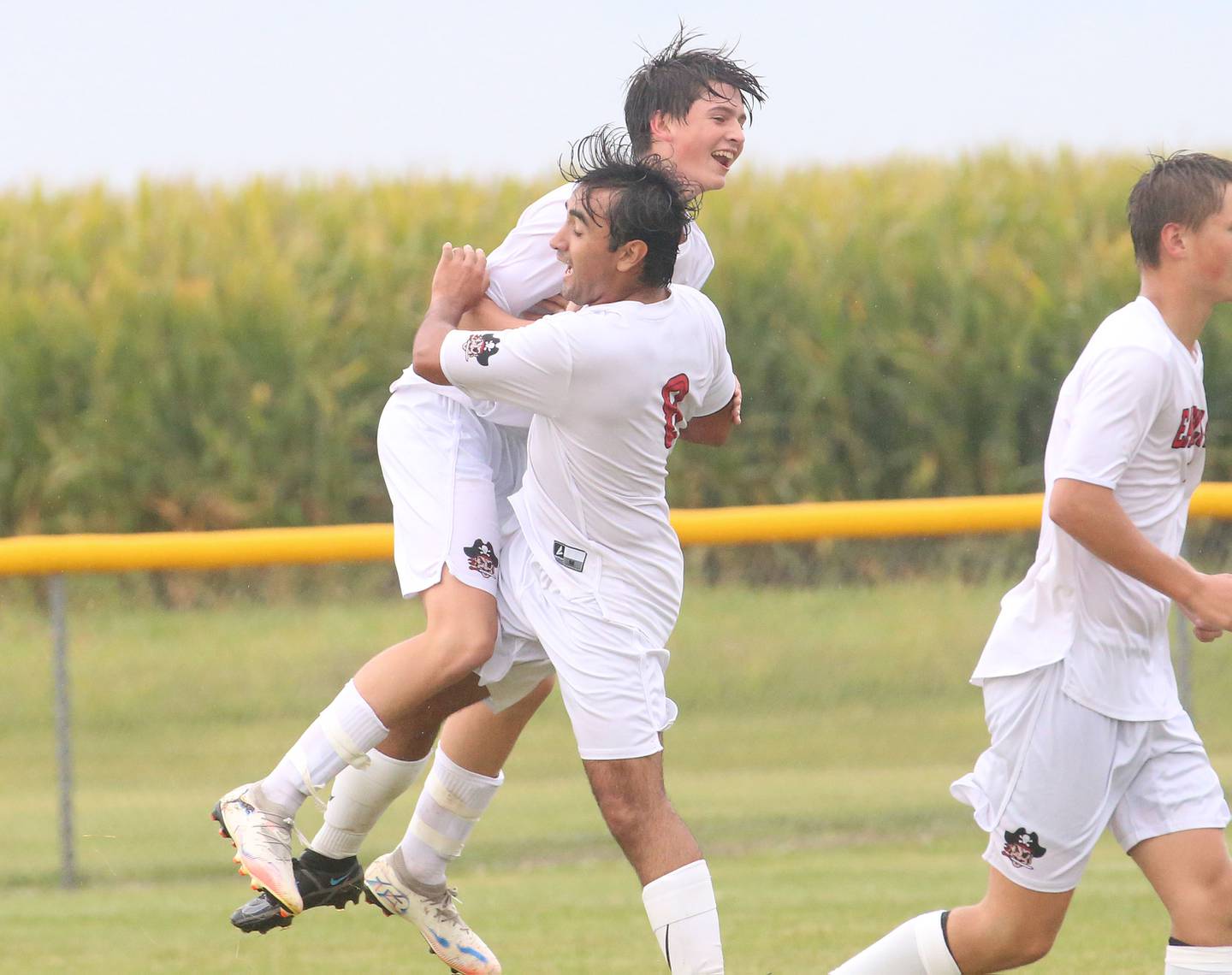 Earlville's Colton Fruit, reacts with teammate Isaac Vazquez, after scoring a goal against Serena on Wednesday, Sept. 3, 2025 at Serena High School.