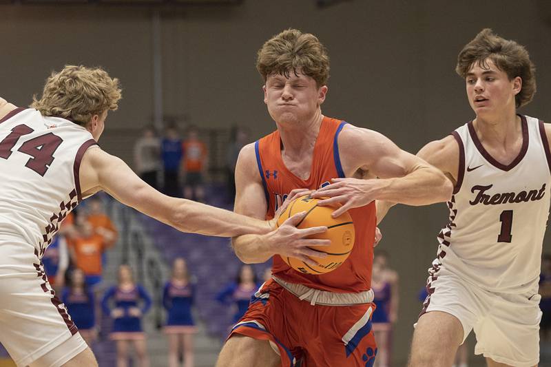 Eastland’s Braden Anderson handles the ball against Tremont Monday, March 9, 2026, in the Class 1A Macomb Supersectional.