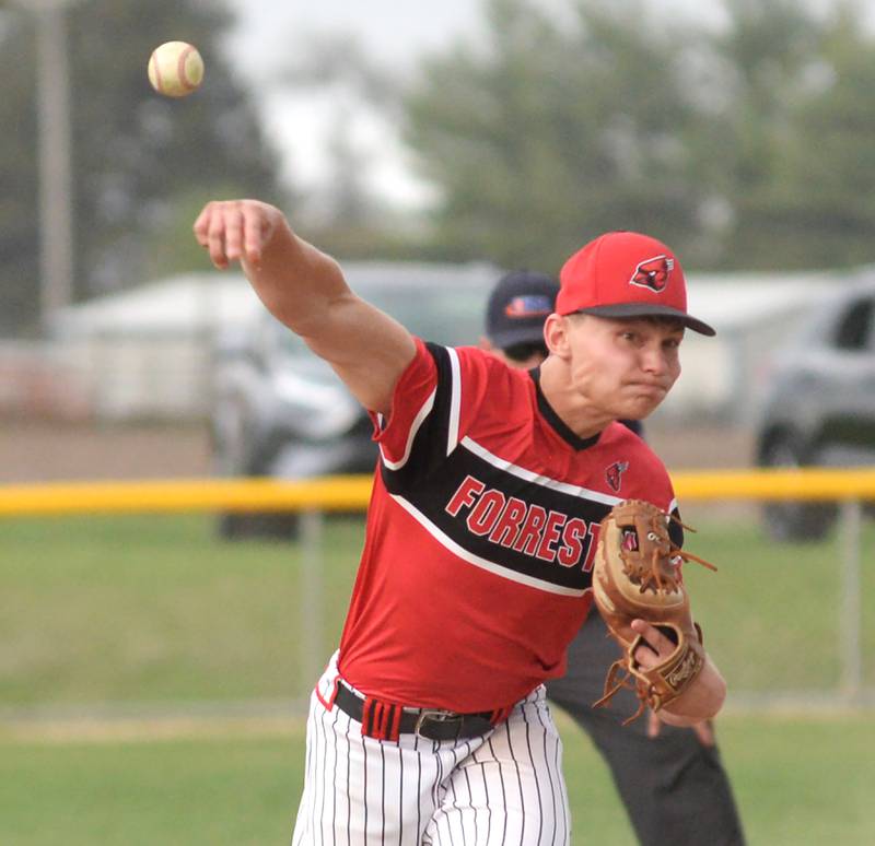 Forreston's Kendall Erdmann pitches in relief against Lena-Winslow on Monday, April 28, 2025 at Forreston High School.