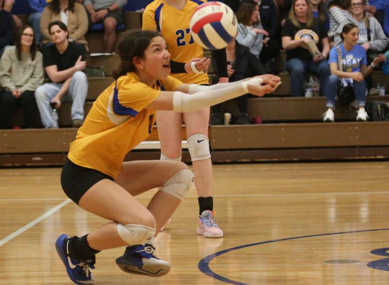 Logan's Lenora Hopkins returns a spike from Rockford-Marshall during the IESA Class 3A eighth-grade Regional final game on Thursday, March 13, 2025 at Logan Junior High School in Princeton.