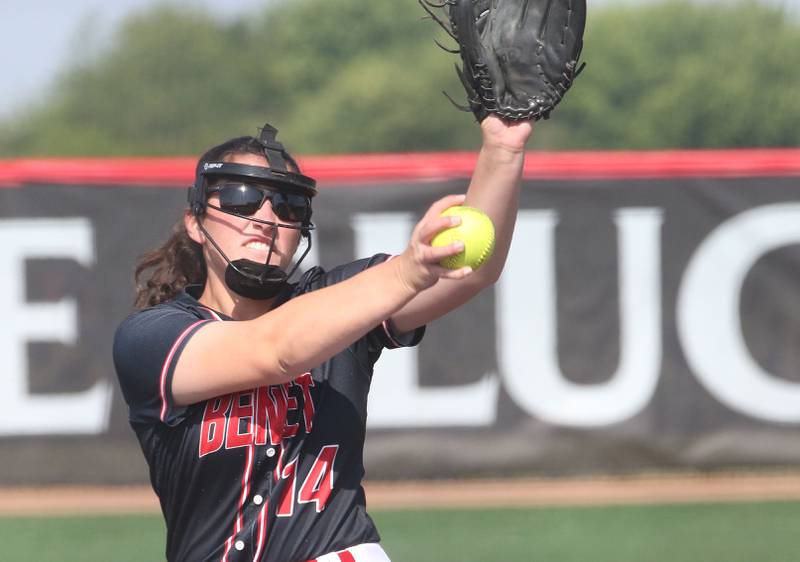 Benet Academy starting pitcher Alex O'Rourke lets go of a pitch against Charleston during the Class 3A State third place game on Saturday, June 10, 2023 at the Louisville Slugger Sports Complex in Peoria.