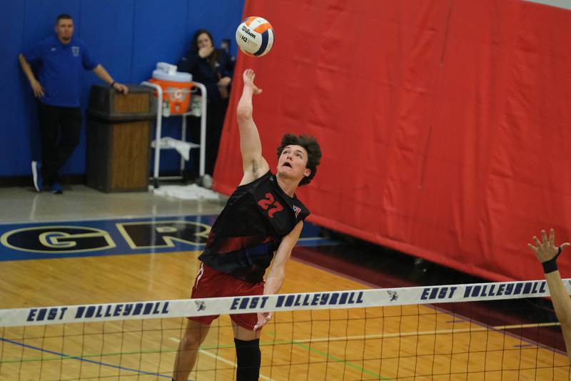 Roncall’s Brandon Louthain, a former Naperville native, goes for the kill against Glenbard West in the Lincoln-Way East Tournament title match. Saturday, April 30, 2022, in Frankfort.