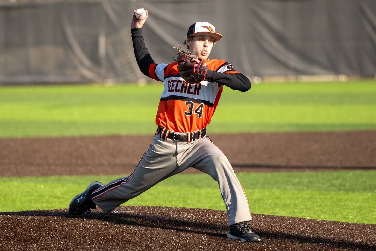 Nolen Lane (34) of Beecher pitches on Friday, April 11, 2025 at Seneca High School in Seneca.