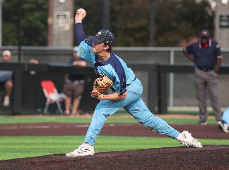 Marquette's Griffin Dobberstein delivers a pitch in a relief appearance Monday, June 2, 2025, during their Class 1A supersectional game against Fulton at Northern Illinois University in DeKalb.