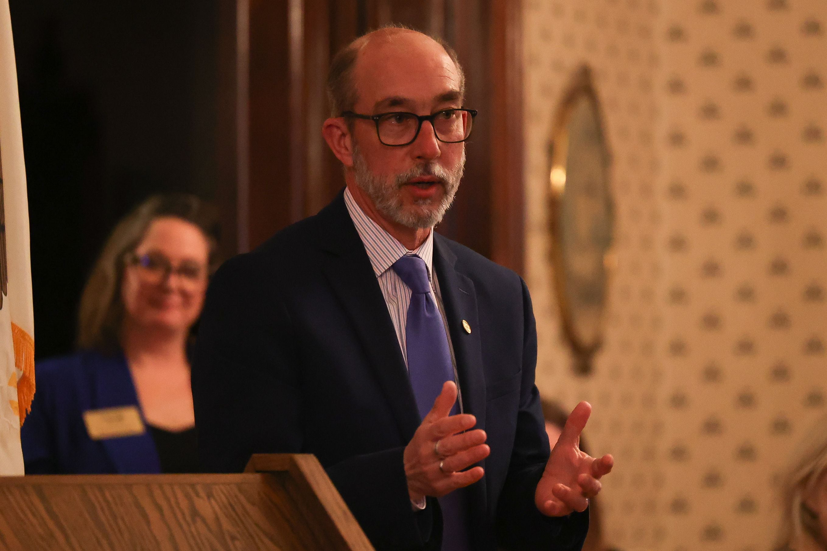 Dr. Robert McBride Jr, Lockport Township High School Superintendent, speaks at a United Way private event at the Jacob Henry Mansion on Thursday, February 23rd, 2023 in Joliet.