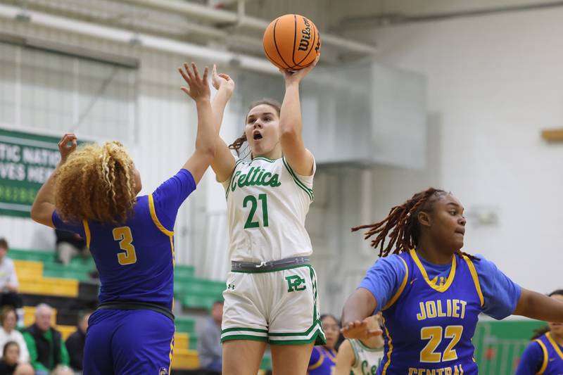 Providence’s Taylor Healy puts up a shot against Joliet Central in the WJOL Girls Basketball Tournament on Wednesday, Nov. 20, 2024 in New Lenox.