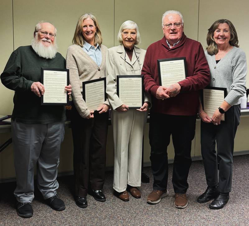 Five retired professionals were recognized Wednesday, Jan. 15, 2025, by the Illinois Valley Community College Board of Trustees for the honorary title of emeritus that was awarded in December. A short reception in their honor followed the announcement. Pictured (from left) are Stephen Alvin, Jane Sack, Rose Marie Lynch, Robert P. Marshall and Bonnie Campbell.