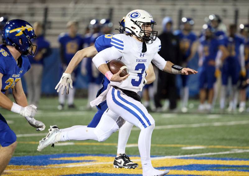 Geneva's Nate Stempowski (3) moves the ball upfield during the IHSA Class 6A playoff game Friday November 3, 2023 in Lake Forest.