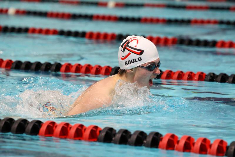 Bradley-Bourbonnais' Kyle Gould competes in the 100-yard breaststroke during the All-City meet on Tuesday, Jan. 6, 2026.