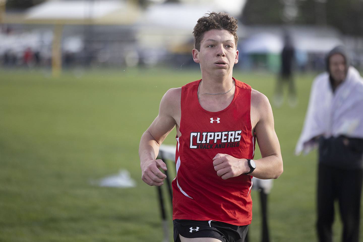 Amboy’s Kyler McNinch wins the 3200 meter boys run Friday, April 21, 2023 at the Rock Falls Rocket Invitational.