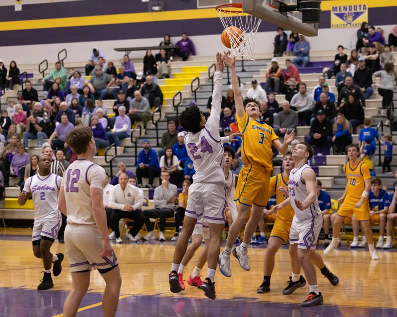 Trey Toussaint takes a shot against Zayd Mumin of Rockford Lutheran High School during the IHSA 2A Sectional Championship game on March 6, 2026 at Mendota High School.