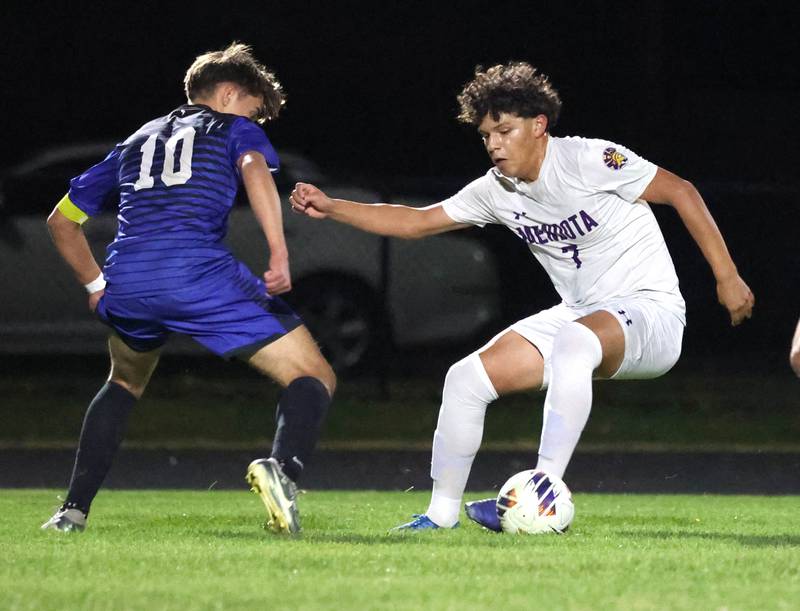 Mendota's Isaac Diaz tries to keep the ball away from Harvest-Westminster's Heitor Bannwart Friday, Oct. 31, 2025, during the Class 1A Indian Creek Sectional championship game Friday in Waterman.