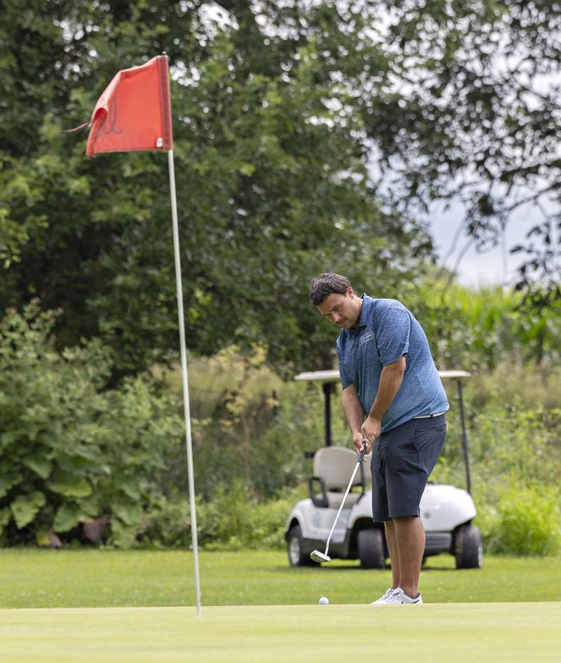 Alex Frey of Lost Nation putts on the #4 green at Sunset Saturday, July 19, 2025, during the 103rd Annual Lincoln Highway Men’s Golf Tournament.