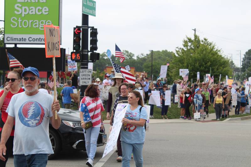 Thousands of protesters line up along Route 31 on June 14, 2025 during a "No Kings" protest in McHenry.