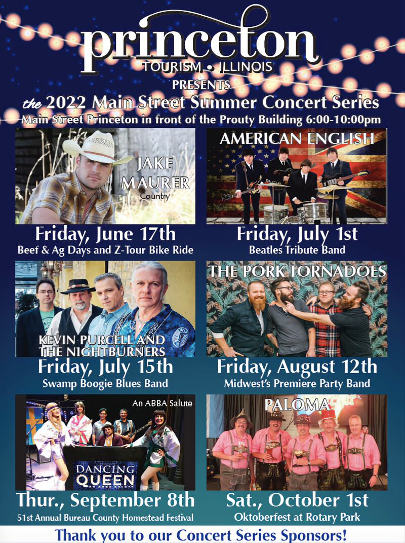 Princeton Tourism has announced the schedule for the upcoming Main Street Summer Concert Series. All concerts will be held on Main Street in front of the Prouty Building from 6 to 10 p.m. on the respective dates.