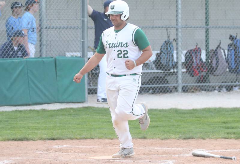 St. Bede's Alan Spencer crosses home plate to score a run against Bureau Valley on Wednesday, May 14, 2025 at St. Bede Academy.