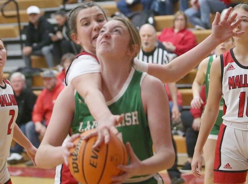 Henry-Senachwine's Harper Schrock draws a foul on Seneca's Tessa Krull on Monday, Jan. 13, 2024 at Henry-Senachwine High School.