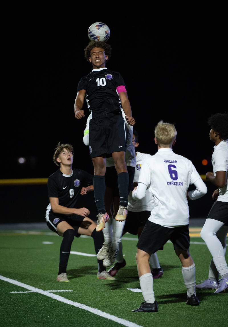 Manteno's Justin Foster plays the ball in a sectional game against Chicago Christian on Tuesday, October 28, 2025.
