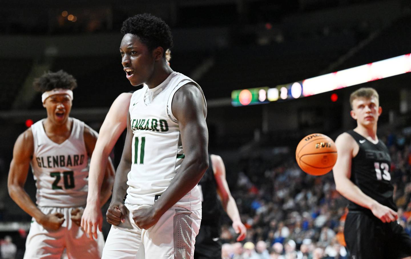 Glenbard West's Teyion Oriental celebrates a basket and a foul against Evanston during the Class 4A boys supersectional at NOW Arena on Monday, March 10, 2025 in Hoffman Estates.