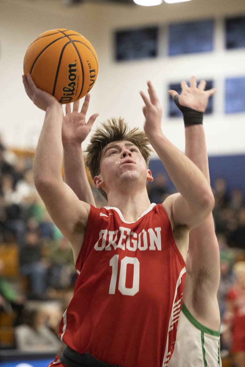 Oregon’s Keaton Salsbury puts up a shot against Rock Falls Wednesday, Feb. 26, 2025, at the Class 2A Regional semifinal at Bureau Valley High School.