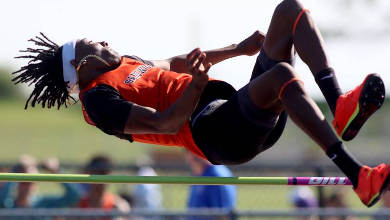 Sandwich’s Simeion Harris competes in the high jump in KRC Conference Track Meet action at Richmond-Burton High School in Richmond on Tuesday, May 13, 2025.