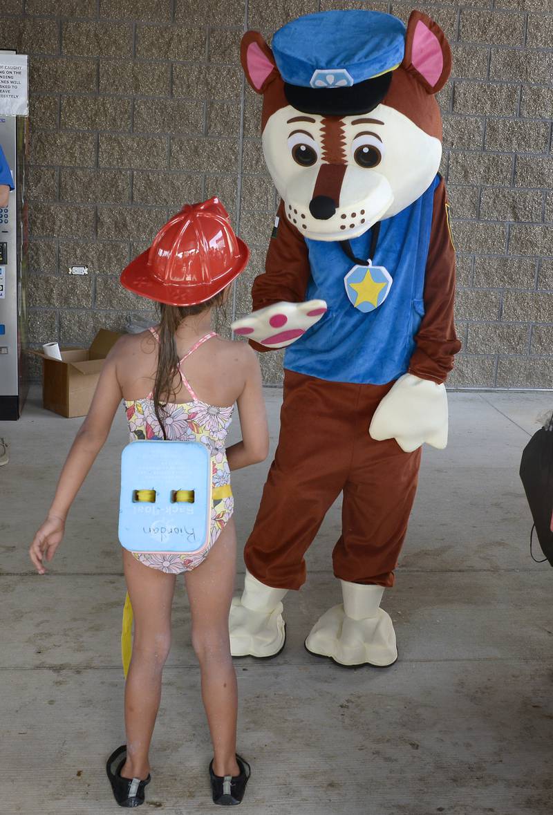 Chase The Patrol Dog greets fans at Ottawa’s Riordan Pool on Tuesday, Aug. 1, 2023, during National Night Out.