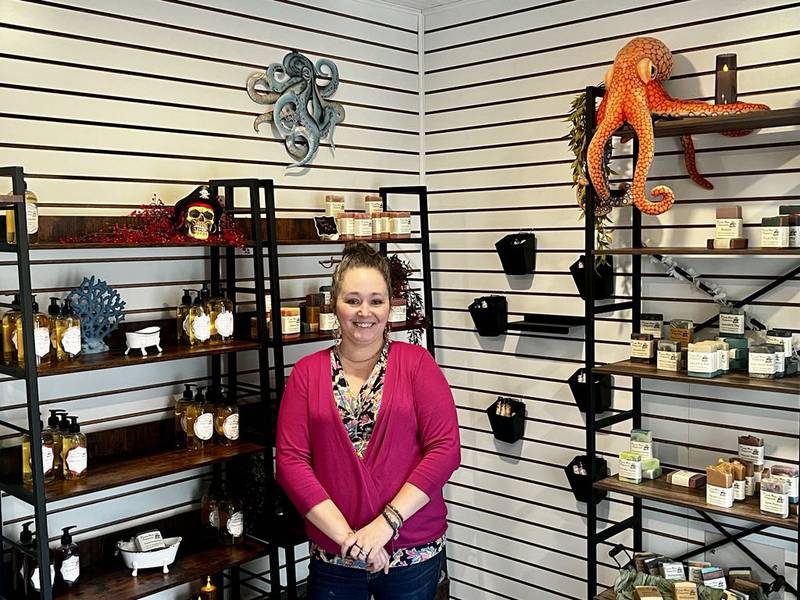 Crystal Boehm stands ready to greet customers at her business, Pirate Mom Soapworks, located at the Shoppes at Grandon Plaza in Sterling, Illinois.