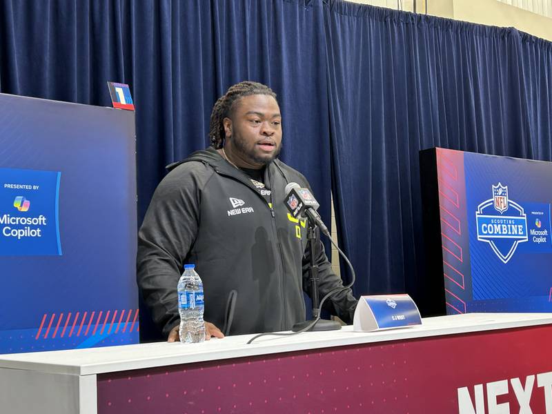 Nazareth alumnus and Indiana defensive tackle CJ West speaks with reporters at the NFL Combine in Indianapolis on Wednesday.