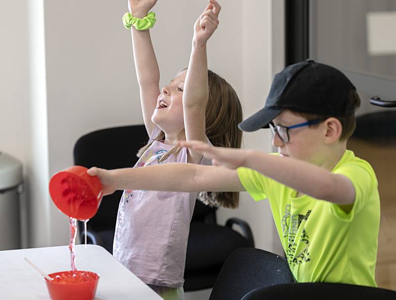 Rachel Catt, 5, and Evanston Gumbiner, 7, have fun making slime Wednesday, May 31, 2023 during a Dixon Park District’s camp at the Facility. The Kids Table is a program for 5-7 year olds where they can make slime and ice cream and have fun in the gymnasium. Another session takes place on Friday with just a few spots available.