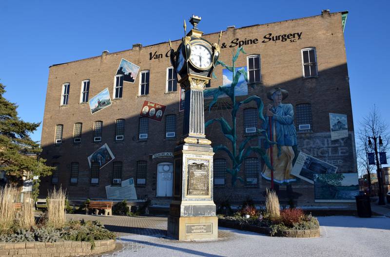 The Soldiers’ and Sailors’ Memorial Clock, located at Memorial Park in DeKalb, at the intersection of First Street and Lincoln Highway, shown here in this February 2021 Shaw Local file photo.