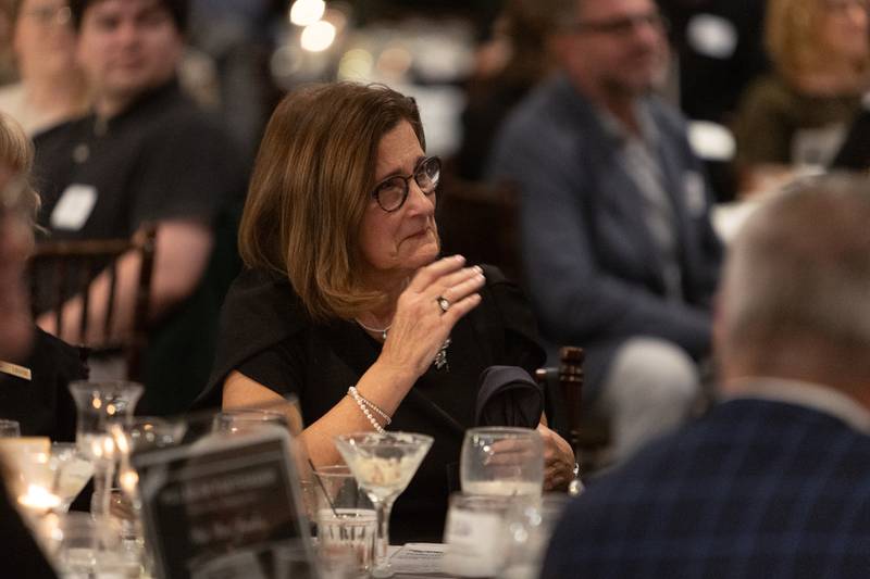 Martha Sanchez listens as she is announced the Wood Award recipient at the Geneva Chamber of Commerce Awards Dinner on Thursday, Nov. 6, 2025.