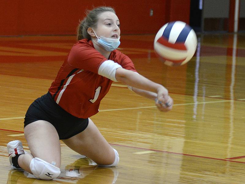Streator libero Emma Graves dives to receive a serve by Coal City during the teams' 2021 meeting last fall.