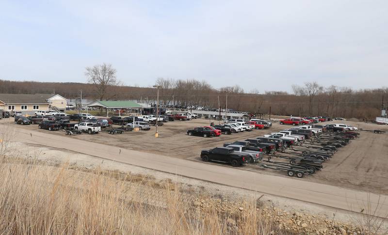 Boat trailers fill the parking lot at the Spring Valley Boat Club during the annual Masters Walleye Circuit tournament on Friday, March 21, 2025 in Spring Valley.